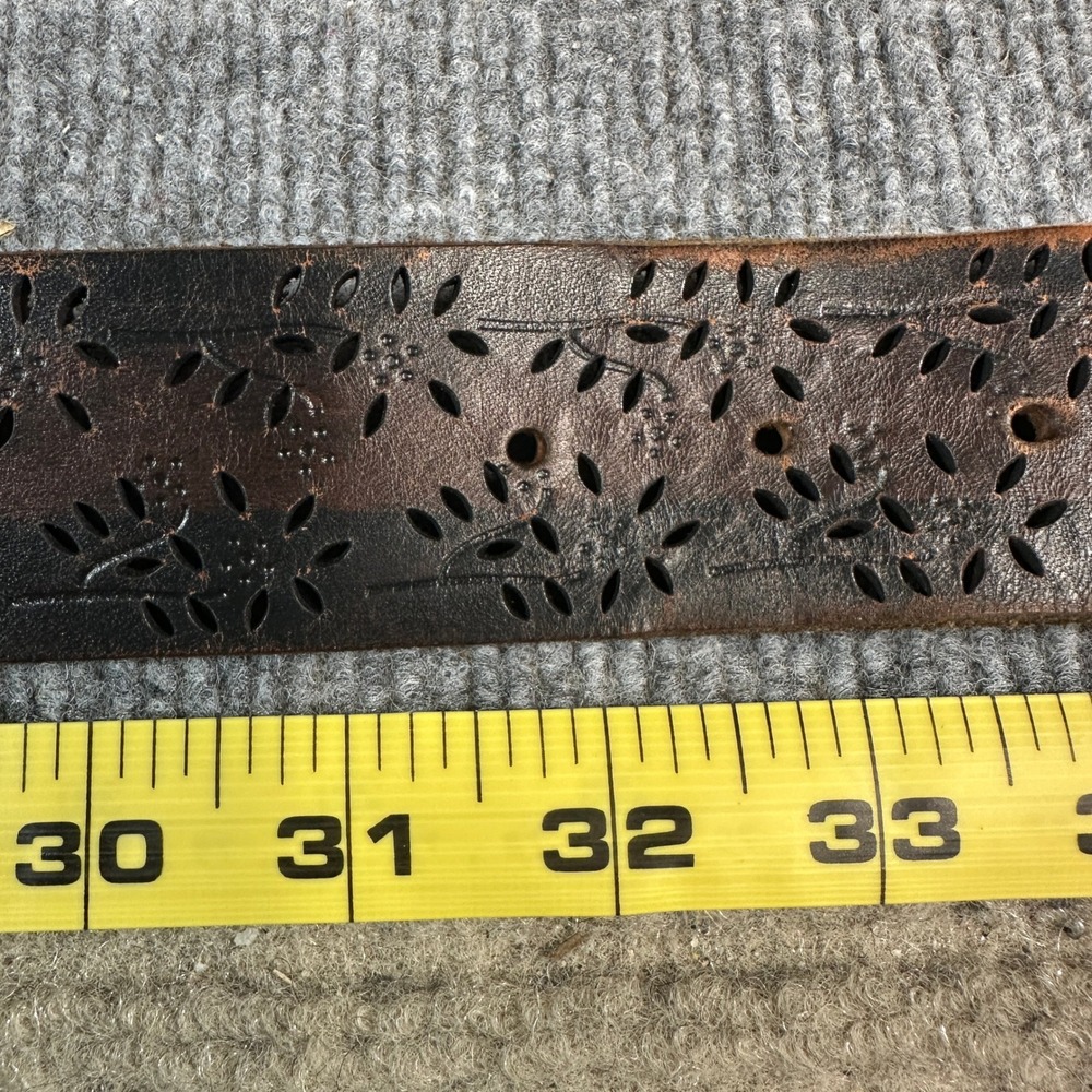 Dark Brown Perforated Floral Leather Belt Round Brass Buckle Boho Wide 40 Inch - Picture 7 of 11